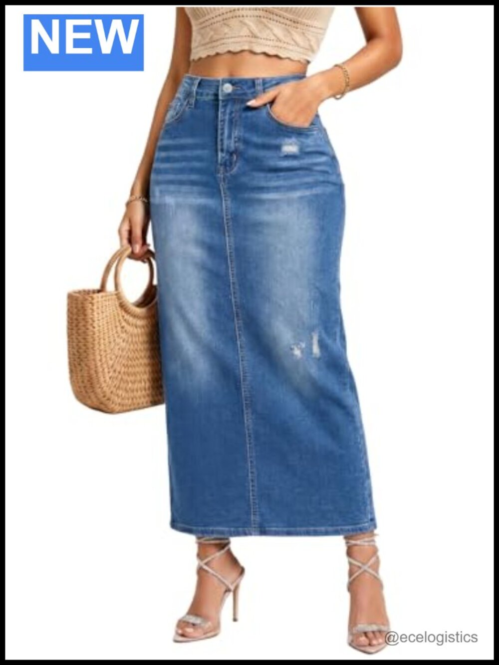 High Waisted Long Denim Skirt with Back Slit Distressed Holes Stretch
